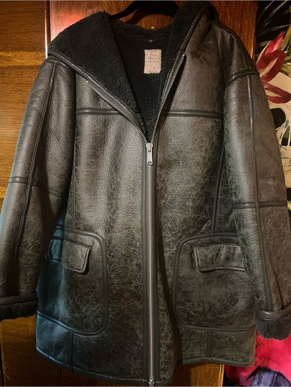 We The Free Black Faux Leather Shearling-Lined Hooded Puffer